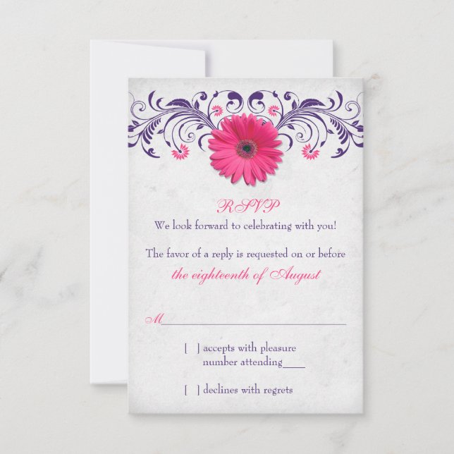 Pink Gerber Daisy Purple Grey Floral Wedding RSVP (Front)
