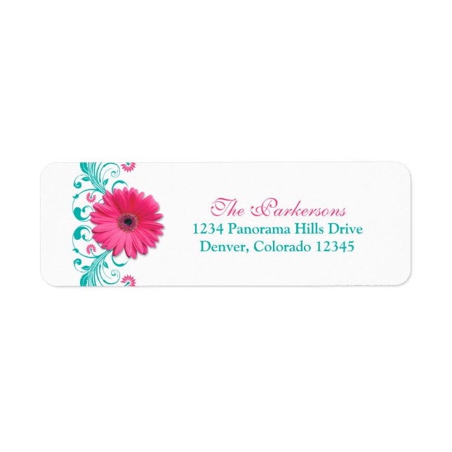 Pink Gerber Daisy Turquoise Floral Wedding Address (Front)