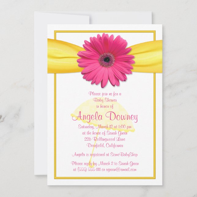 Pink Gerber Daisy Yellow Ribbon Baby Shower Invite (Front)