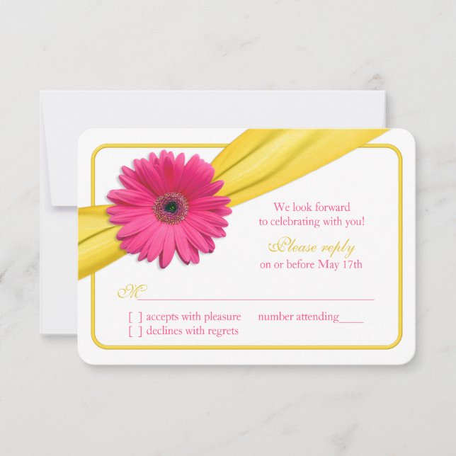 Pink Gerber Daisy Yellow Ribbon Wedding RSVP (Front)