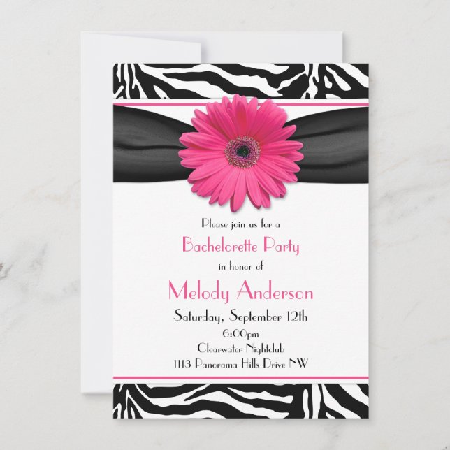 Pink Gerber Daisy Zebra Print Bachelorette Party Invitation (Front)