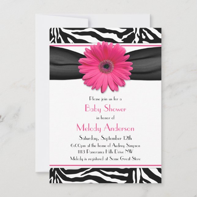 Pink Gerber Daisy Zebra Print Girl Baby Shower Invitation (Front)