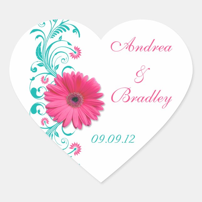 Pink Gerber Turquoise Floral Wedding Envelope Seal (Front)