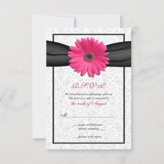 Pink Gerbera Black Ribbon Wedding Reply Card (Front)