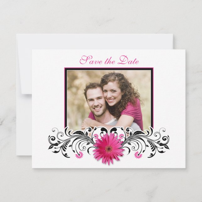 Pink Gerbera Black White Floral Save the Date Card (Front)