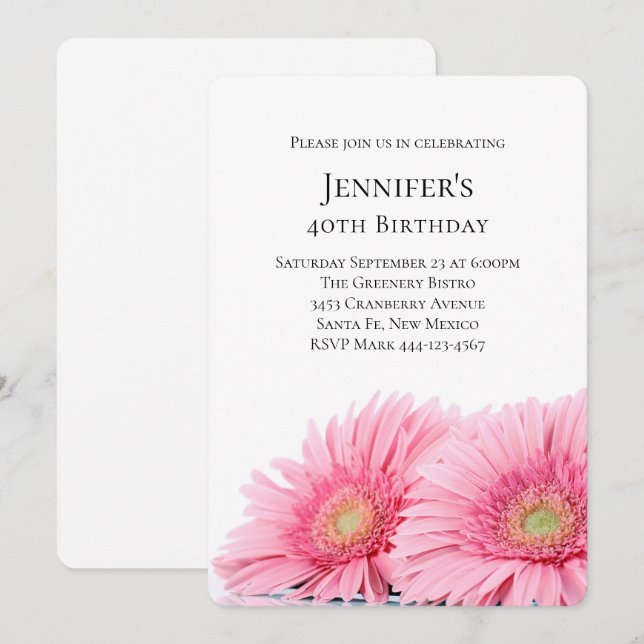 Pink Gerbera Daisies Elegant Photo Birthday Invitation (Front/Back)