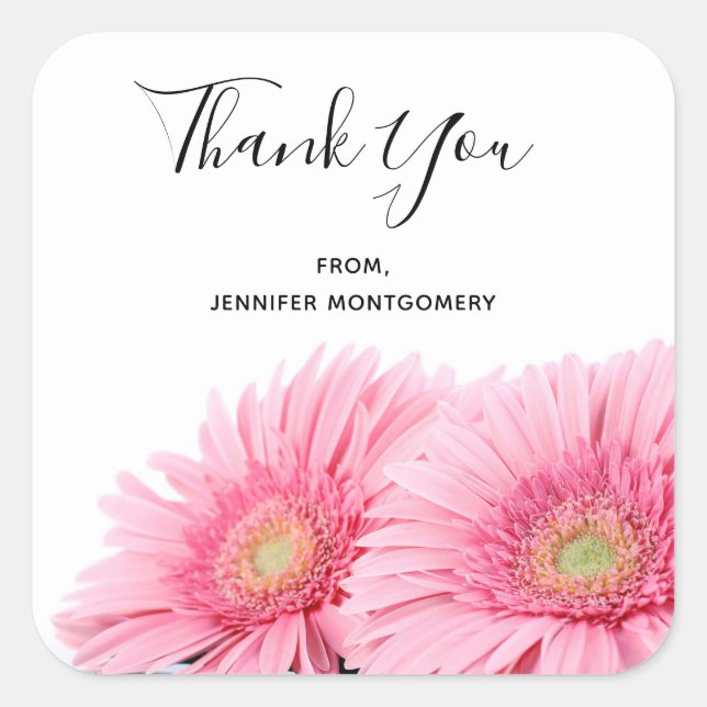 Pink Gerbera Daisies Elegant Photo Thank You Square Sticker (Front)