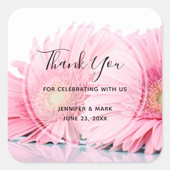 Pink Gerbera Daisies Elegant Photo Thank You Square Sticker (Front)
