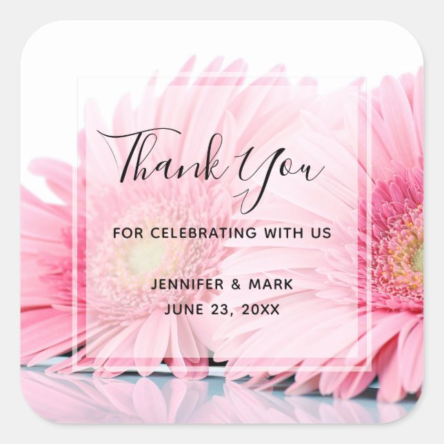 Pink Gerbera Daisies Elegant Photo Thank You Square Sticker (Front)