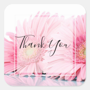 Pink Gerbera Daisies Elegant Photo Thank You Square Sticker