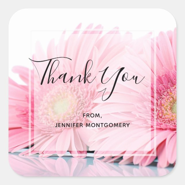 Pink Gerbera Daisies Elegant Photo Thank You Square Sticker (Front)