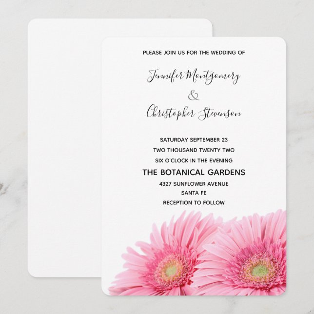 Pink Gerbera Daisies Elegant Photo Wedding Invitation (Front/Back)