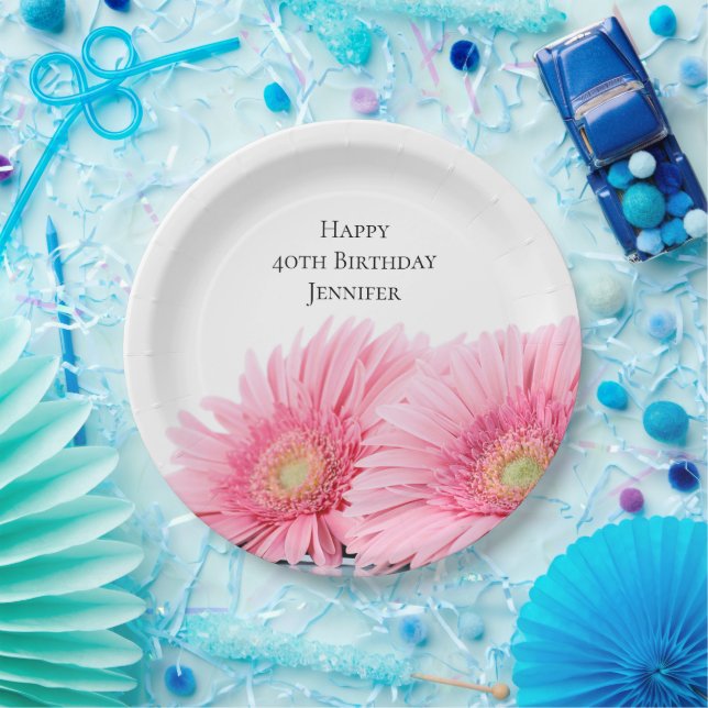 Pink Gerbera Daisies Elegant Photography Birthday Paper Plate (Party)