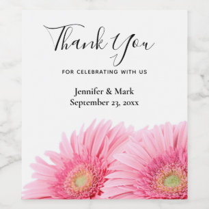 Pink Gerbera Daisies Elegant Photography Wedding Wine Label