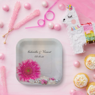 Pink Gerbera Daisy and Buttons Wedding Paper Plate