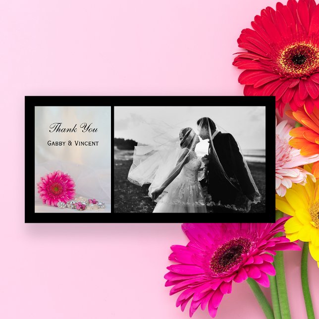 Pink Gerbera Daisy and Buttons Wedding Thank You Card (Creator Uploaded)