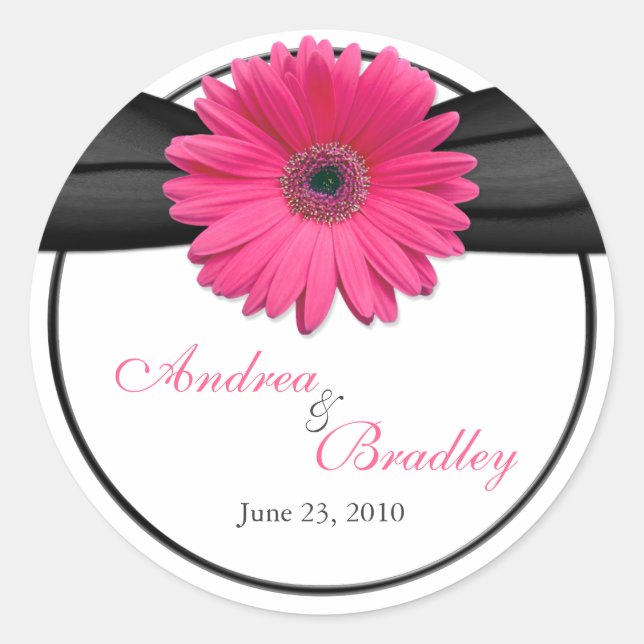 Pink Gerbera Daisy Black Personalised Wedding Classic Round Sticker (Front)