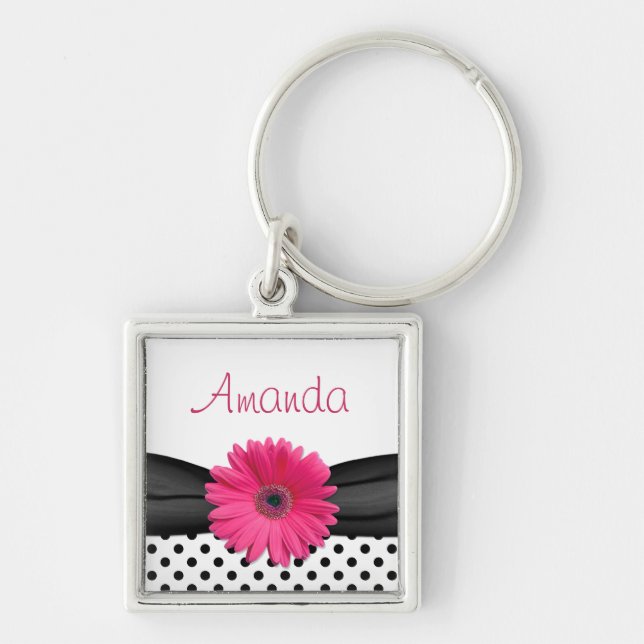 Pink Gerbera Daisy Black Polka Dot Custom Name Key Ring (Front)