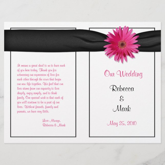 Pink Gerbera Daisy Black Ribbon Wedding Program (Front)