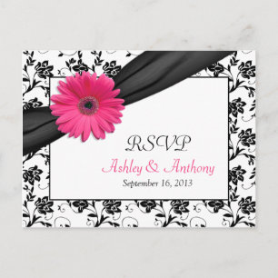 Pink Gerbera Daisy Damask Wedding RSVP Postcard