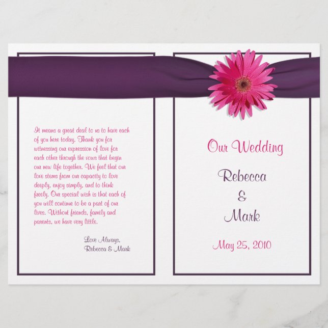 Pink Gerbera Daisy Eggplant Ribbon Wedding Program (Front)