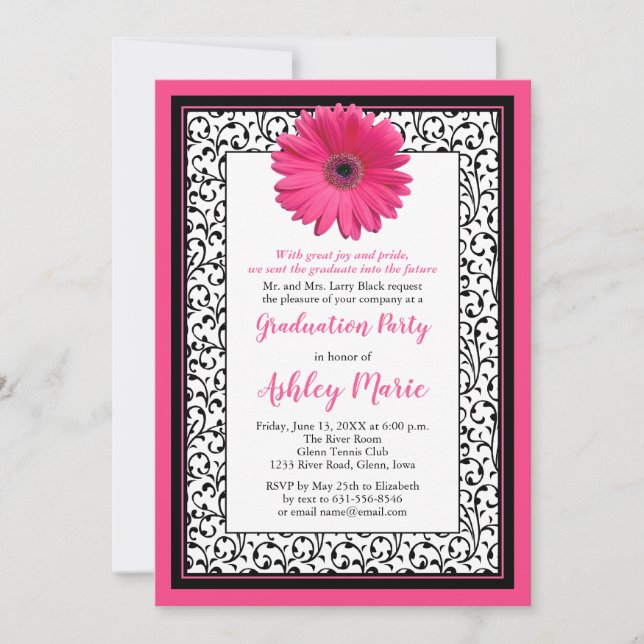 Pink Gerbera Daisy Floral Graduation Invitation (Front)