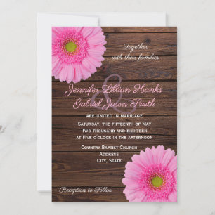 Pink gerbera daisy floral rustic wood wedding invitation