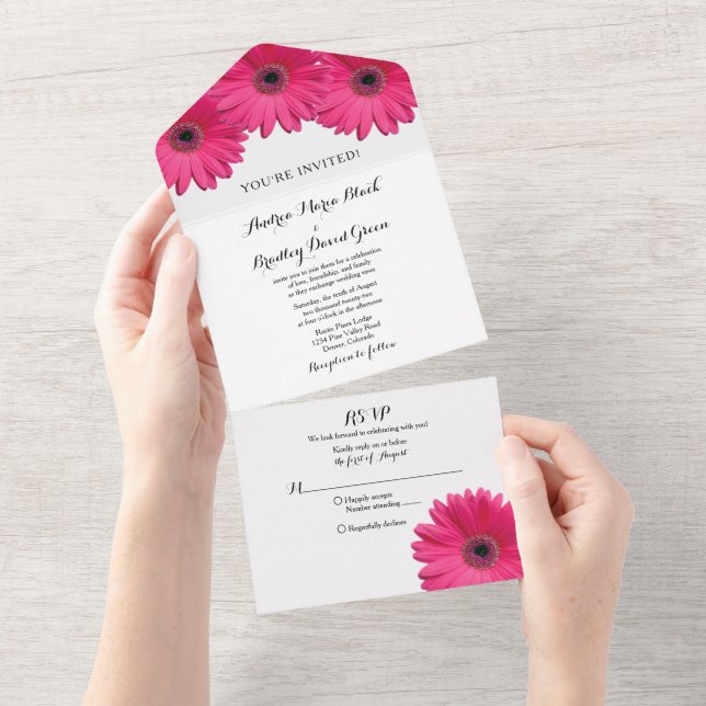 Pink Gerbera Daisy Floral Wedding RSVP All In One Invitation (Tearaway)