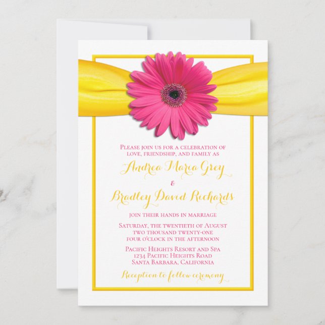 Pink Gerbera Daisy Flower Yellow Ribbon Wedding Invitation (Front)