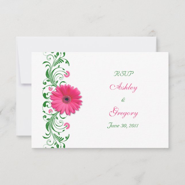 Pink Gerbera Daisy Green Floral Reply Card (Front)