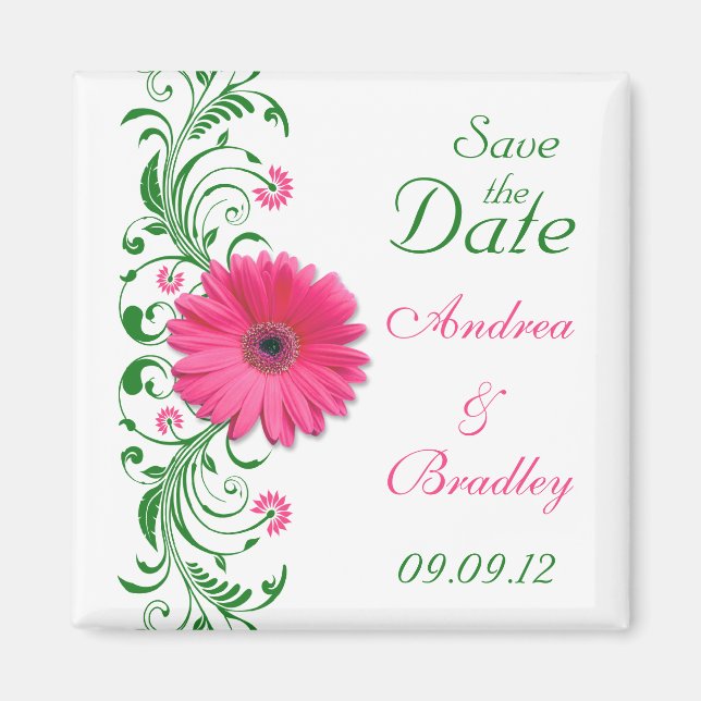 Pink Gerbera Daisy Green Floral Save the Date Magnet (Front)