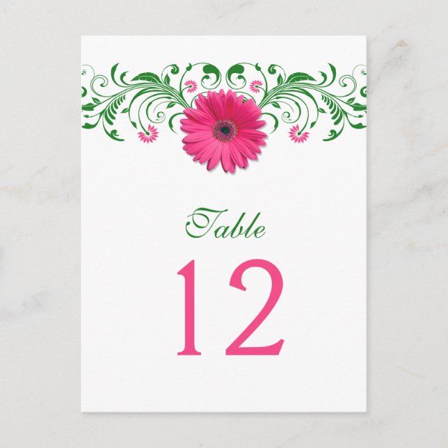 Pink Gerbera Daisy Green Floral Table Number Card (Front)