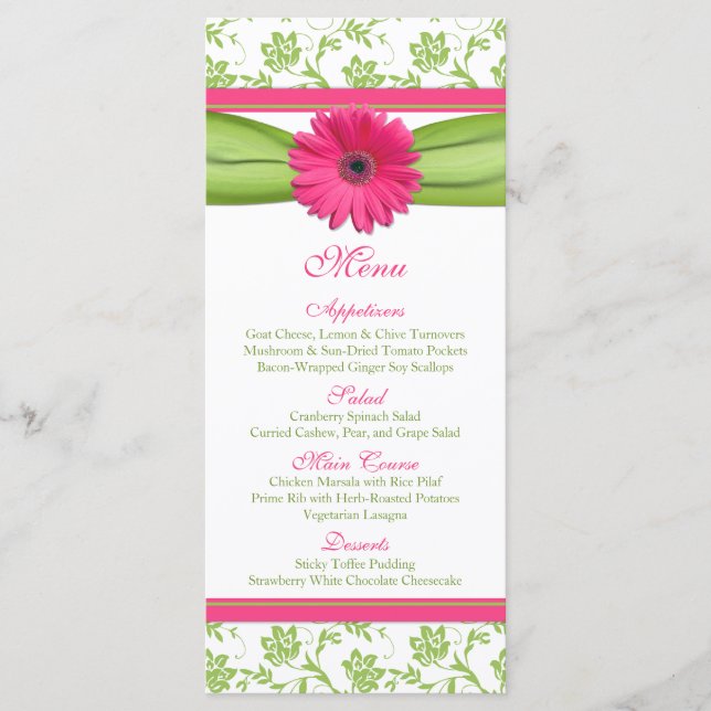 Pink Gerbera Daisy Green Floral Wedding Menu (Front)