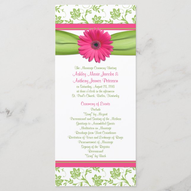 Pink Gerbera Daisy Green Floral Wedding Program Programme (Front)