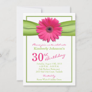 Pink Gerbera Daisy Green Ribbon 30th Birthday Invitation