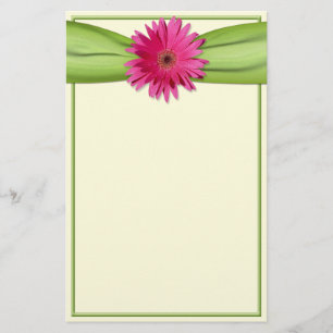 Pink Gerbera Daisy Green Ribbon Stationery