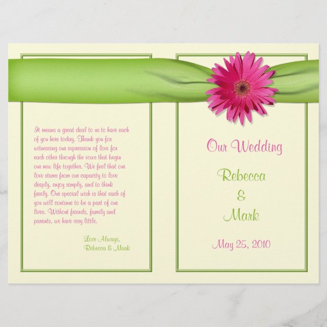 Pink Gerbera Daisy Green Ribbon Wedding Program (Front)