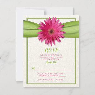 Pink Gerbera Daisy Green Ribbon Wedding RSVP Card