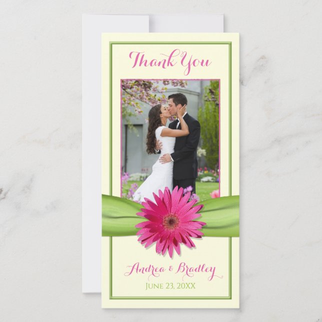 Pink Gerbera Daisy Green Ribbon Wedding Thank You Card (Front)