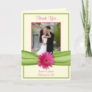 Pink Gerbera Daisy Green Wedding Photo Thank You Card