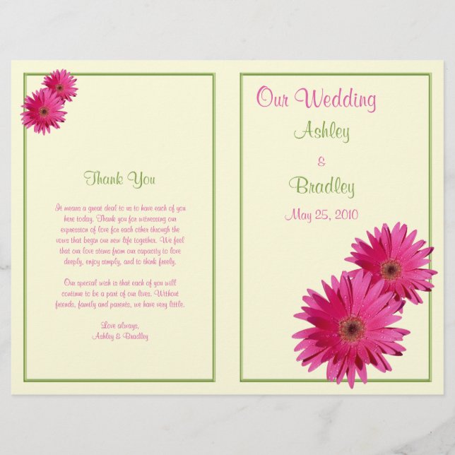 Pink Gerbera Daisy Green Wedding Program (Front)