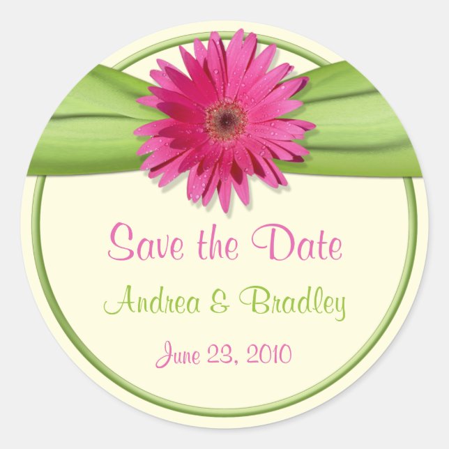 Pink Gerbera Daisy Green Wedding Save the Date Classic Round Sticker (Front)