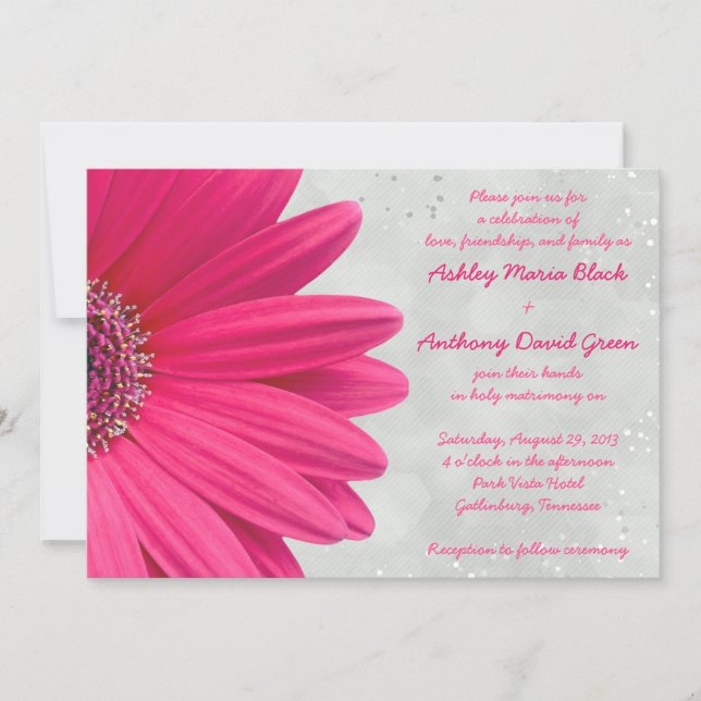 Pink Gerbera Daisy Grey Grey Wedding Invitation (Front)