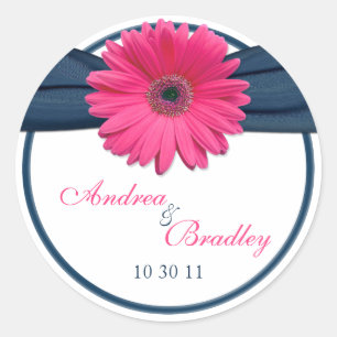 Pink Gerbera Daisy Navy Blue Wedding Classic Round Sticker