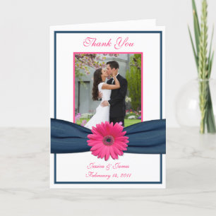 Pink Gerbera Daisy Navy Photo Wedding Thank You Card