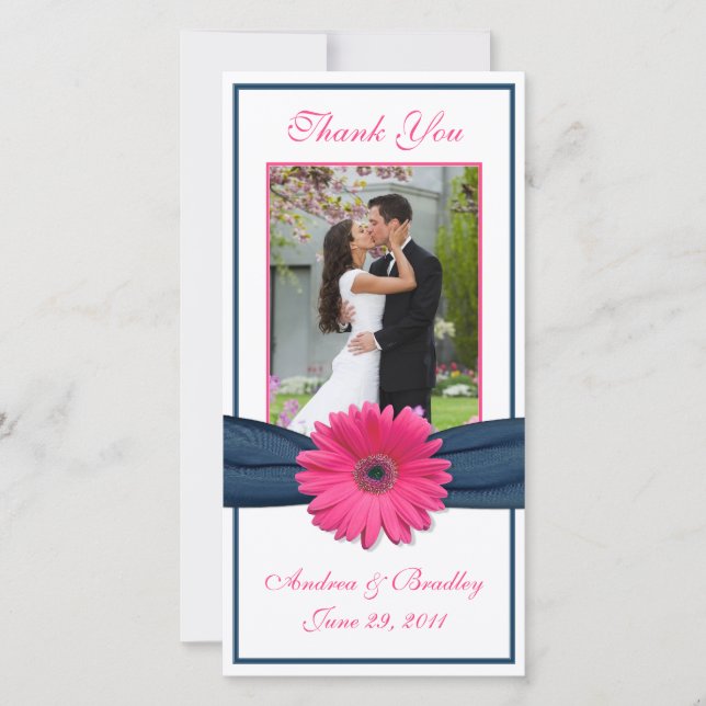 Pink Gerbera Daisy Navy Ribbon Wedding Thank You Card (Front)