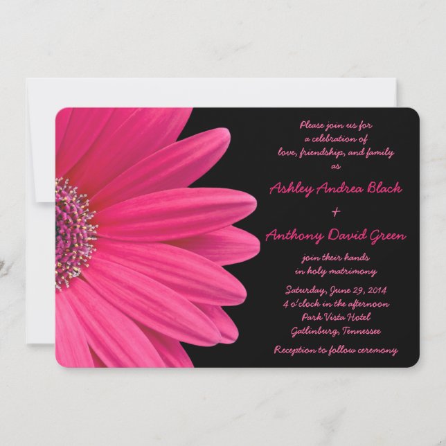 Pink Gerbera Daisy on Black Wedding Invitation (Front)