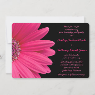 Pink Gerbera Daisy on Black Wedding Invitation