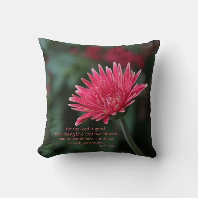 Pink Gerbera Daisy on Green w/ Scripture Verse Cushion (Front)