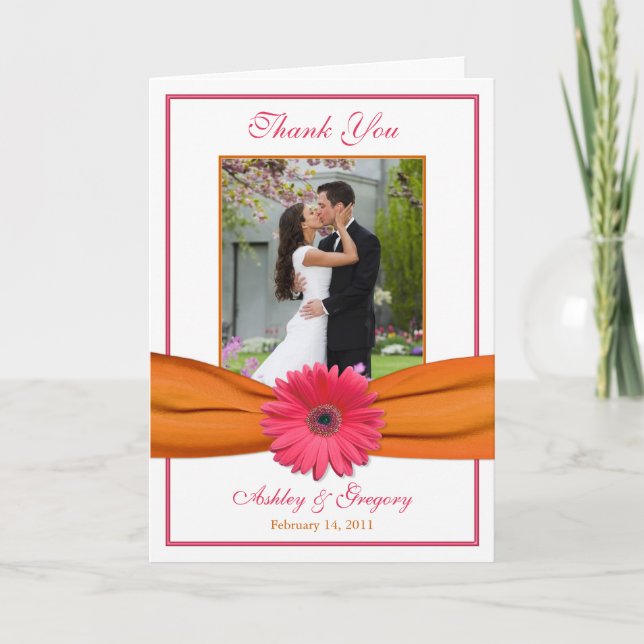 Pink Gerbera Daisy Orange Photo Wedding Thank You (Front)
